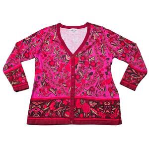 Isaac Mizrahi Live! Red & Pink Floral Print V Neck Button Front Cardigan Sweater